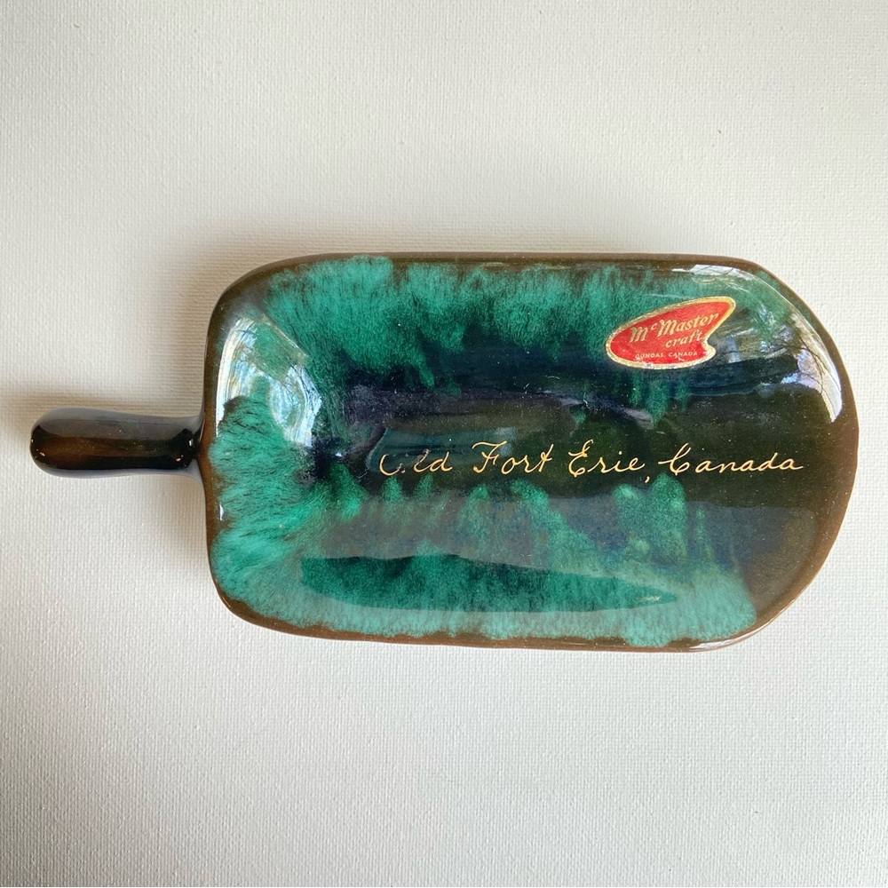 McMaster Craft Pottery Canada Old Fort Erie souvenir dish in green brown VINTAGE